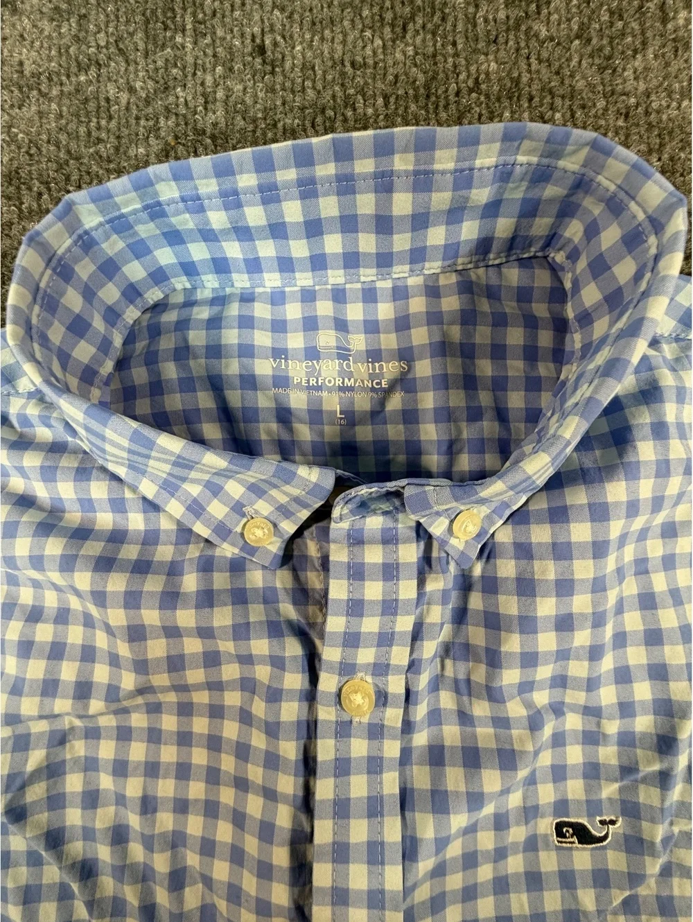 Vineyard Vines Shirt Boys L16 Blue Gingham OTG On-The-Go Performance Button Down